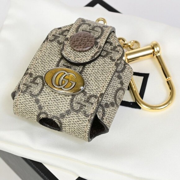 GUCCI GG Pattern Air Pods Case Key Chain Supreme Leather Brown Gold 09EB871 - Picture 1 of 16